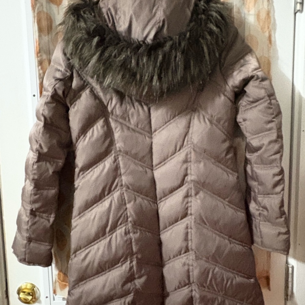 Kenneth Cole Taupe Chevron Quilted Puffer Coat with Faux Fur Hood